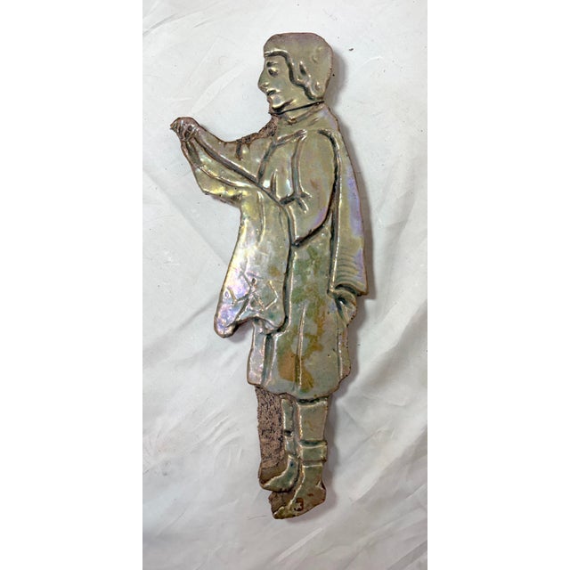 Figurative Big Antique Handmade Figural Green Iridescent Glaze Man Pottery Wall Tile Art For Sale - Image 3 of 11