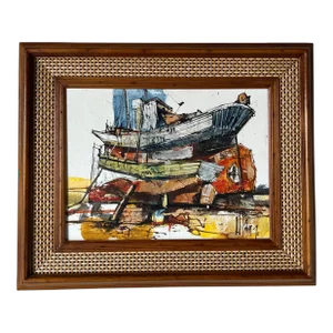 Vintage Boat in Harbor Oil Painting, Signed