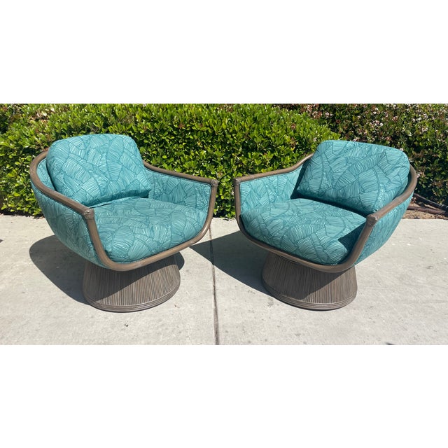 Pair of Upholstered Swivel Chairs Attributed to Palecek Baldwin Style For Sale In San Diego - Image 6 of 16