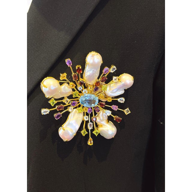 Bochic "Orient" Vintage Blue Topaz & Multi Gem Brooch Set In 18K Gold & Silver For Sale In New York - Image 6 of 18