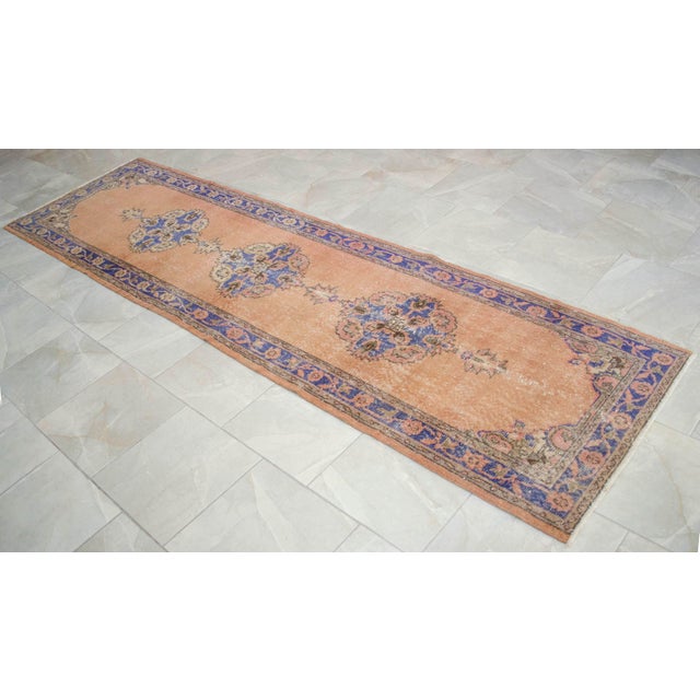 Peach Hand-Knotted Turkish Runner Rug Faded Colors Low Pile - 2'12″ X 10'10″ For Sale - Image 8 of 13