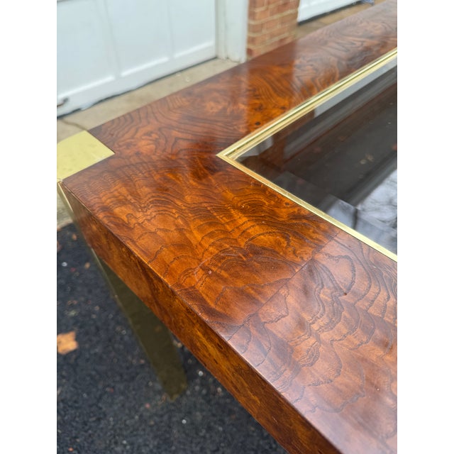 Mid 20th Century 1970s Burl Wood and Brass Coffee Table With Glass Insets in the Style of Milo Baughman For Sale - Image 5 of 11