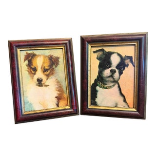 Vintage Florence Kroger Boston Terrier & Collie Puppies Framed Lithographs 1950s - Set of 2 For Sale