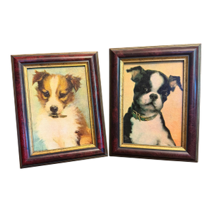 Vintage Florence Kroger Boston Terrier & Collie Puppies Framed Lithographs 1950s - Set of 2