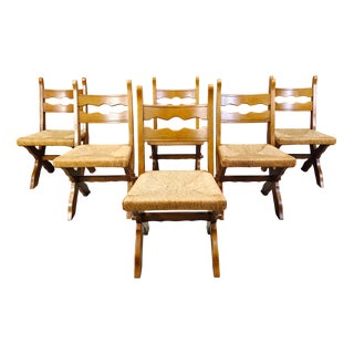 Vintage Oak and Wicker Brutalist Chairs, 1960s, Set of 6 For Sale