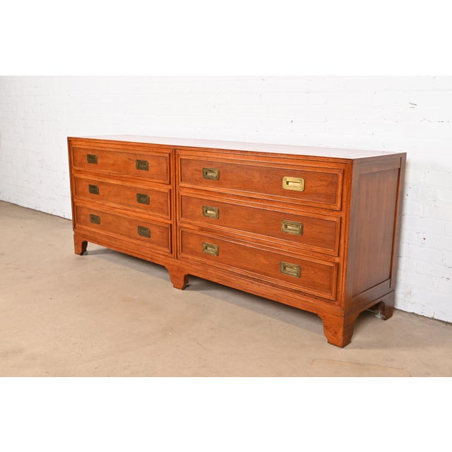 Mid-Century Modern Baker Furniture Hollywood Regency Campaign Walnut Dresser or Credenza For Sale - Image 3 of 12