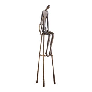 Ruth Bloch Signed 4/15 Israeli Man on Stool Bronze Sculpture For Sale