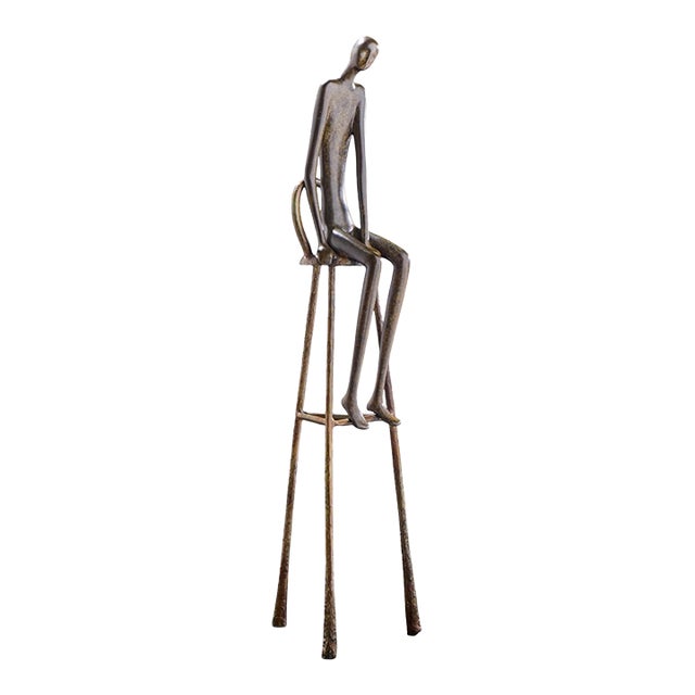 Ruth Bloch Signed 4/15 Israeli Man on Stool Bronze Sculpture For Sale