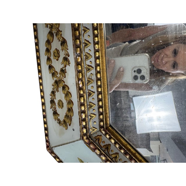 Glass 20th Century Italian Neoclassical Églomisé Mirror in White and Gold For Sale - Image 7 of 18