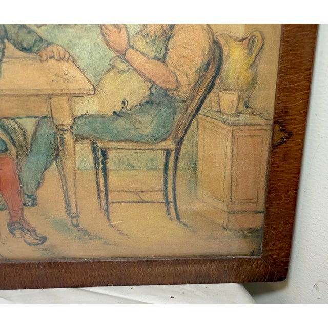 Antique 19th Century Original Men Playing Cards at Table Watercolor Painting For Sale - Image 9 of 13