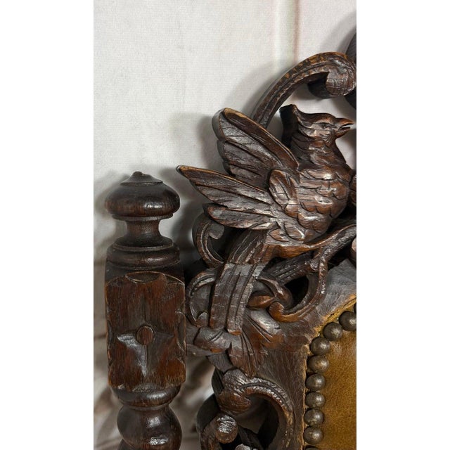 Set of 6 Antique Jacobean Hunt Chairs in Heavily Carved Oak With Cognac Leather For Sale - Image 4 of 18