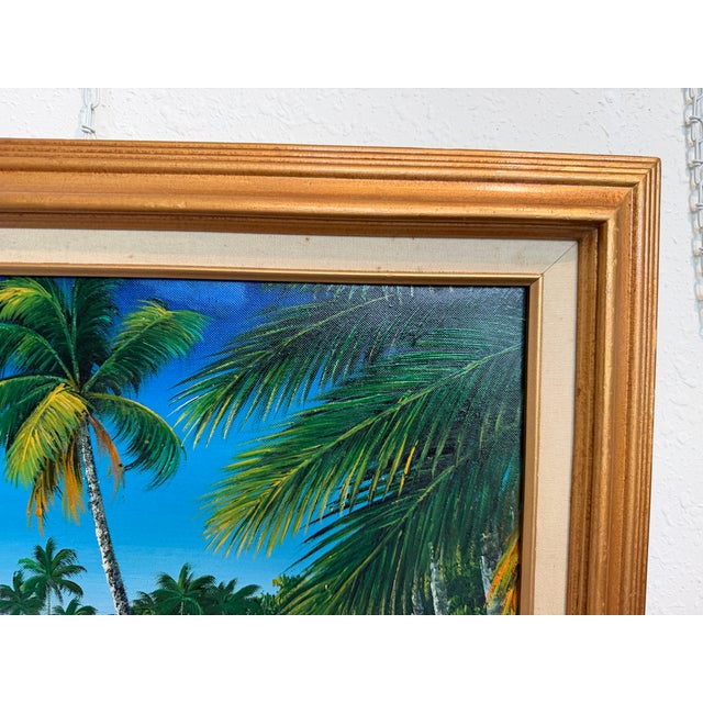 Blue Tropical Beach Oil Painting Signed M Gordon, Palm Tree Seascape, Caribbean Coast For Sale - Image 8 of 13