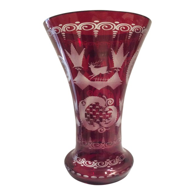 Egermann Czech Bohemian Stag Flashcut Cranberry Glass Vase For Sale