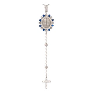 Sapphire & Diamond Virgin Mary Cross Pendant Sterling Silver Chain Necklace For Sale