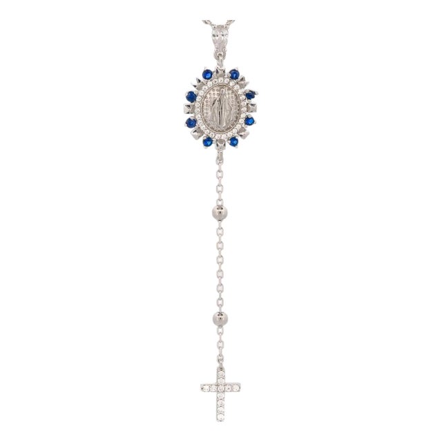 Sapphire & Diamond Virgin Mary Cross Pendant Sterling Silver Chain Necklace For Sale