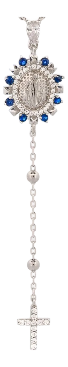 Sapphire & Diamond Virgin Mary Cross Pendant Sterling Silver Chain Necklace