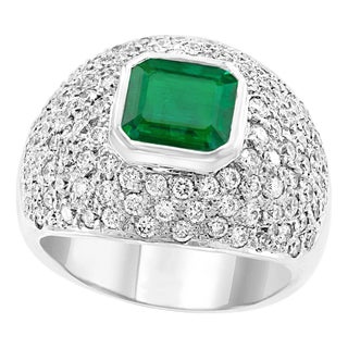 3 Carat Emerald Cut Colombian Emerald and Diamond 18 Karat Gold Ring Estate For Sale