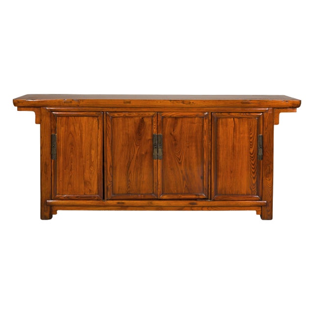 Qing Dynasty Elm Sideboard in Honey Lacquer with Four Doors and Brass Hardware For Sale - Image 4 of 12