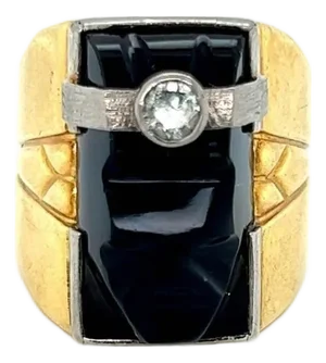 Mid 20th Century Diamond Onyx 18k Two Tone Gold Carved Face Ring - Size 9.5