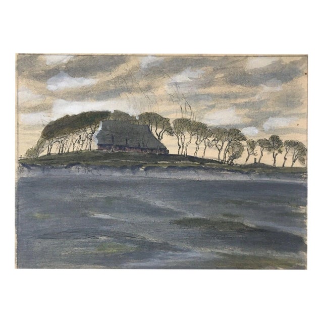 Krumm Hans, Hallig Friesenhaus with Trees, 1890s, Gouache and Ink For Sale