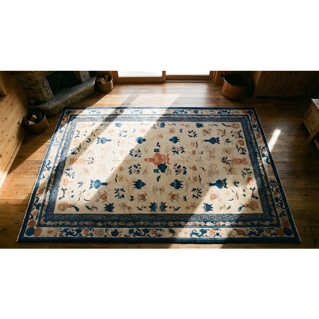Delightful Ivory and Blue Color With Unique Chinoiserie Design Antique Chinese Ningxia Rug For Sale - Image 14 of 15