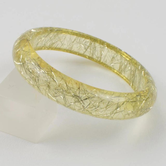 Plastic Lucite Bracelet Bangle Yellow Lemon with Silver Metallic Thread Inclusions For Sale - Image 7 of 7