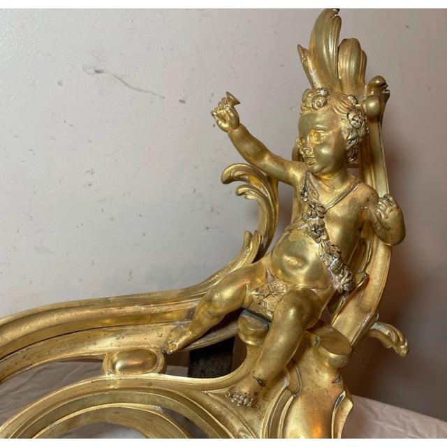 Pair 1800's Ornate Dore Bronze Figural Fireplace Andirons Cherub Putti Chenets For Sale - Image 4 of 14
