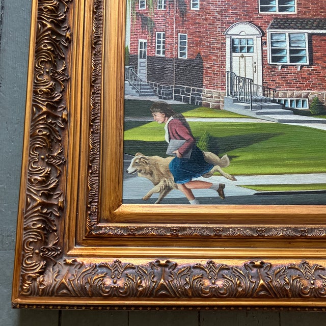 Illustration 1950’s Vintage Illustrative Girl Running With Dog Painting in Chunky Gold Frame For Sale - Image 3 of 4
