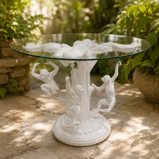 Wood Hollywood Regency White Lacquered Carved Wood Center Table W/ 3 Italian Terracotta Monkeys For Sale - Image 7 of 7