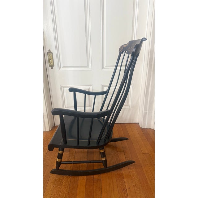 American 1980s Nichols & Stone Hand-Painted Windsor Rocking Chair, Black & Gold Stencil, Gardner Massachusetts For Sale - Image 3 of 13