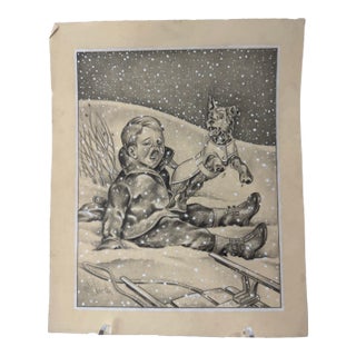 1940s Original Signed Graphite Illustration of Child and Terrier in Snowstorm, 11.75 I × 9.75 In. For Sale