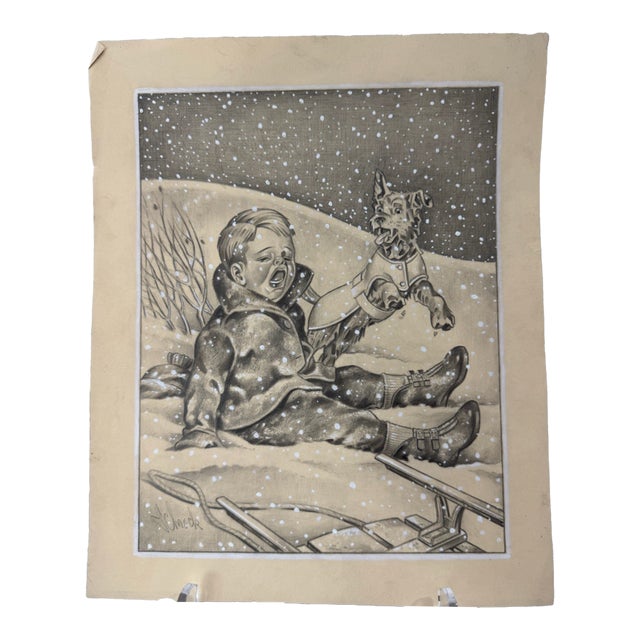 1940s Original Signed Graphite Illustration of Child and Terrier in Snowstorm, 11.75 I × 9.75 In. For Sale
