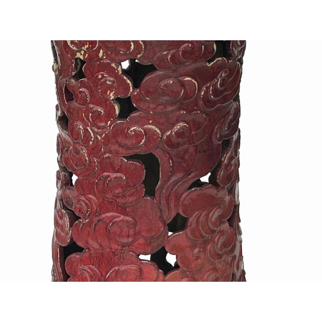 Ceramic Brick Red Cloud Scroll Round Tall Pedestal Table Display Stand For Sale In San Francisco - Image 6 of 8