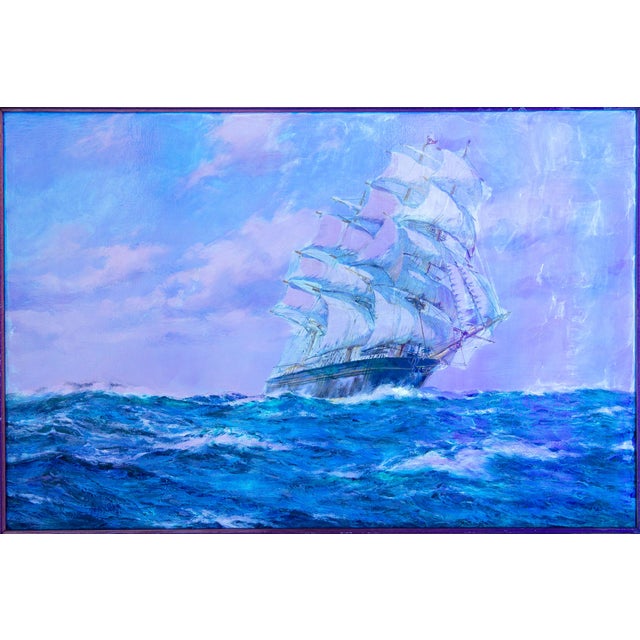 Blue Seascape Painting of American Clipper Ship “Red Cloud” by Henry Scott For Sale - Image 8 of 11