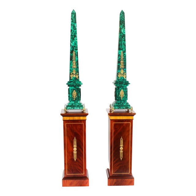 Vintage Monumental Ormolu Mounted Malachite Obelisks on Stands, 1920s, Set of 4 For Sale