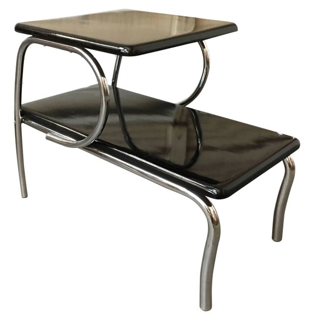 Black Wolfgang Hoffmann Style Art Deco Chrome Tubular & Lacquer Micarta Side Table For Sale - Image 8 of 8