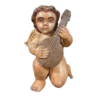 Vintage Hand Carved Wooden Cherub Angel Glass Eyes and Playing a Mandolin Sculpture For Sale