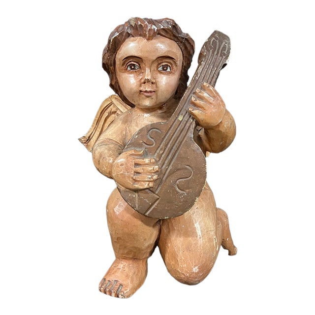 Vintage Hand Carved Wooden Cherub Angel Glass Eyes and Playing a Mandolin Sculpture For Sale