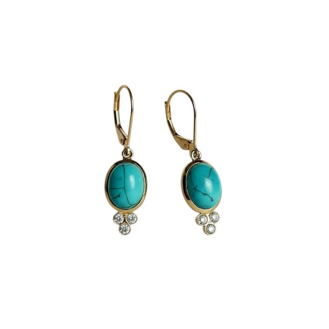 2020s 14k Yellow Gold Diamond Lever-Back Drop Earrings With Natural Turquoise, A Pair For Sale - Image 5 of 7