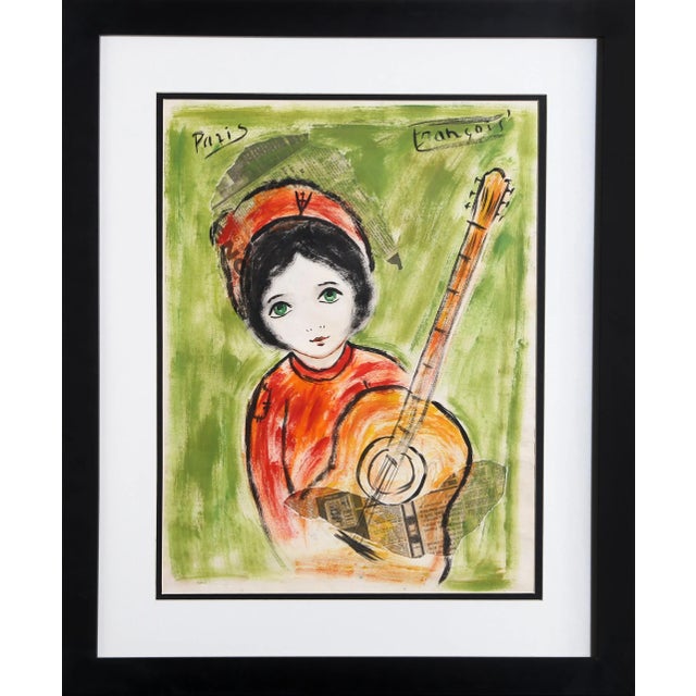 Child With Guitar, Francois Paris Gouache and Collage Painting on Paper, Signed U.r. For Sale