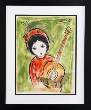 Child With Guitar, Francois Paris Gouache and Collage Painting on Paper, Signed U.r.