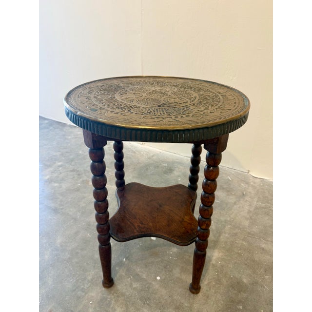 Rustic European Vintage French Oak Bobbin Leg Table W/Moroccan Brass Top For Sale - Image 3 of 12