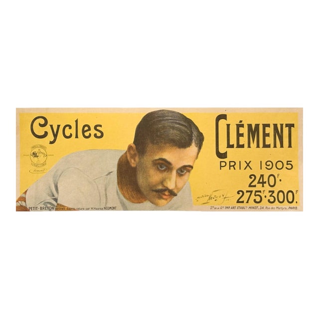 1905 Original Vintage French Cycles Clement Tires Advertisement - Paris (Yellow Man) For Sale