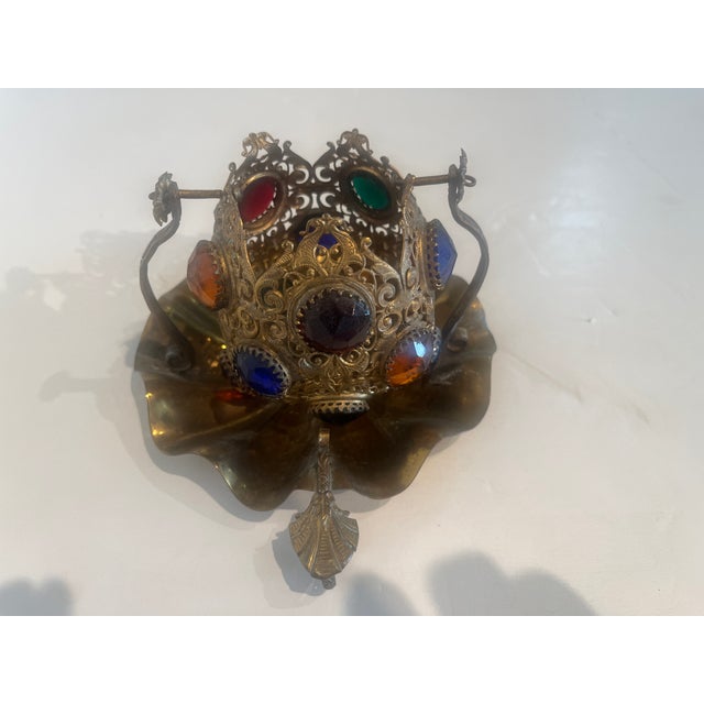 Antique Pierced Brass Jeweled Fairy Lamp Table Lamp on Ruffled Tray Catalog Reference U-348 For Sale - Image 10 of 11