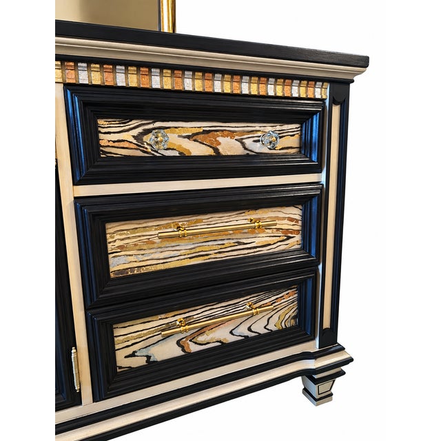 Late 20th Century Wood Dresser With Mirrors, Hand Painted Black & Gold Dresser, One of a Kind Statement Furniture For Sale - Image 4 of 6