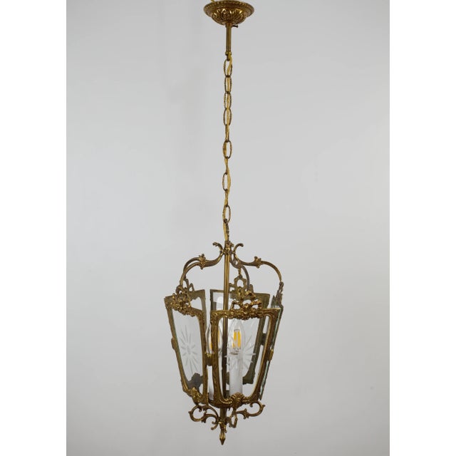 Goldenrod Brass Hanging Lantern with Three Lights and Cut Glass For Sale - Image 8 of 10