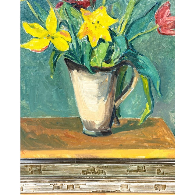 European Modernist Spring Still Life with Daffodils and Tulips, Signed "PS '41" For Sale - Image 15 of 15