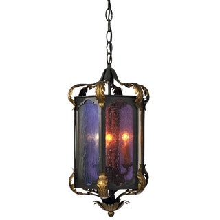 Black and Gold With Multi Color Glass Three Cluster Iron Pendant Light For Sale