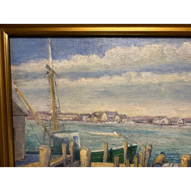Original Framed Impressionist Oil Painting of Rhode Island Fishing Port by John Dawson for your consideration. The framed...
