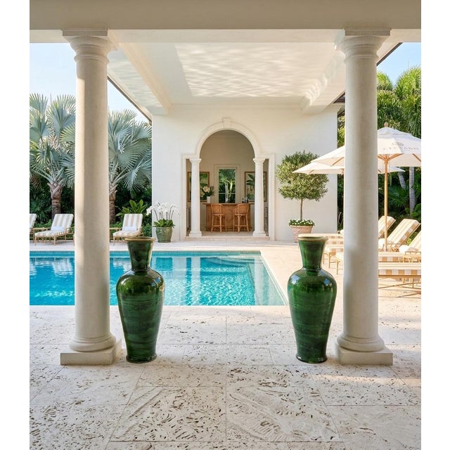 Pair of Massive 38" Hand-Glazed Emerald Green Moroccan Terracotta Vases For Sale - Image 9 of 9